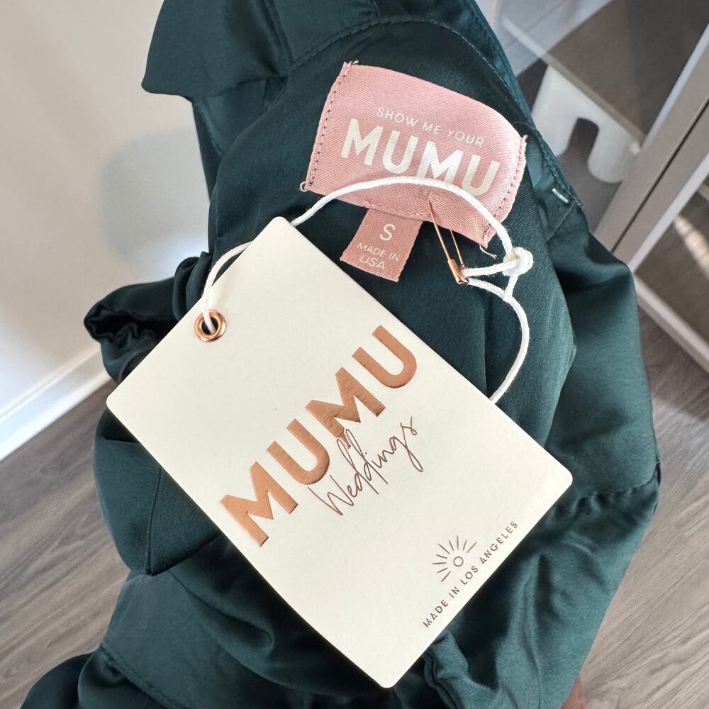 Show Me Your Mumu Zoey Midi Dress NEW Deep Emerald Green Satin Ruffle Trim Small - Picture 6 of 7